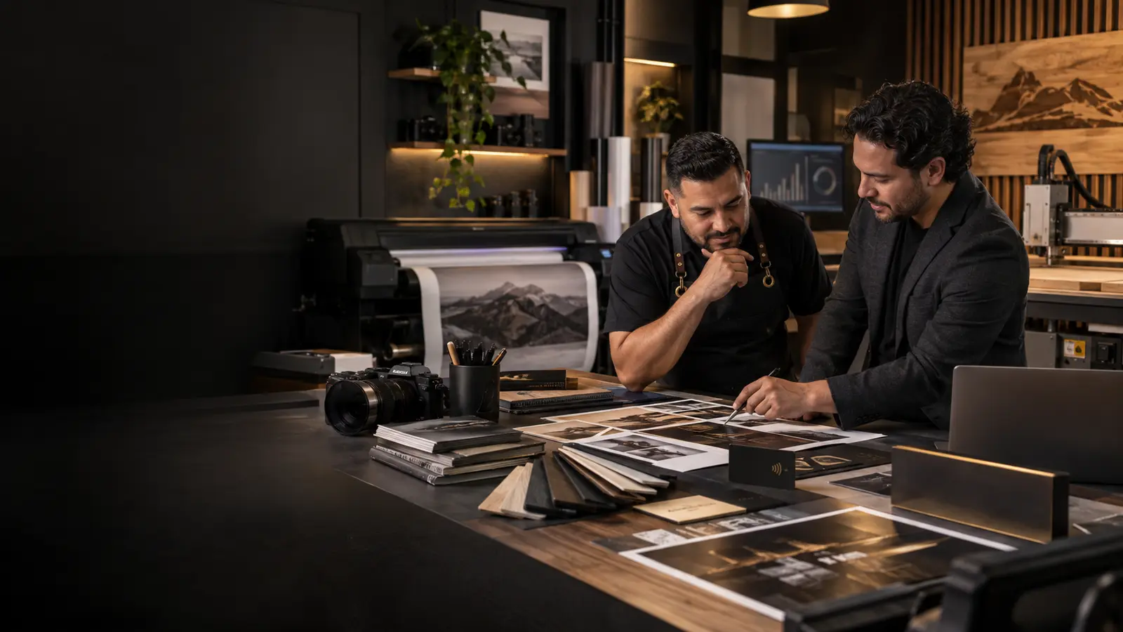 A small-business owner and creative growth consultant reviewing a project in the Southline One production studio